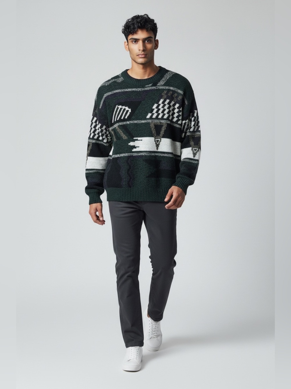 Windridge Vintage Y2K Geometric Crewneck Sweater Green and Black Size M
